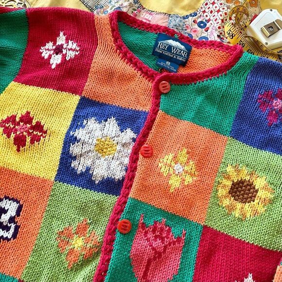 Vintage 90s Rey Wear Hand-Knitted Floral Patchwork Cardigan – 100% Cotton - Picture 4 of 7
